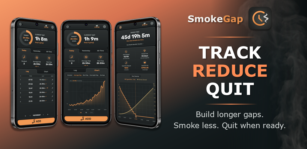 SmokeGap: Track, reduce, quit. Build longer gaps, smoke less, quit when ready.