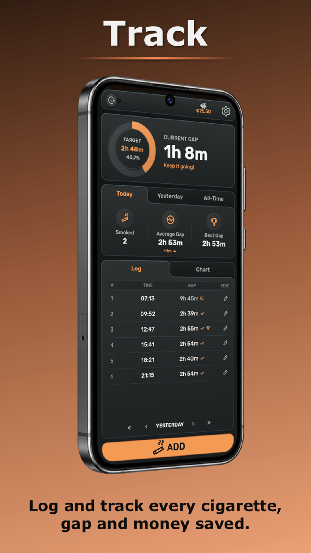 SmokeGap tracking screen with cigarette history and savings
