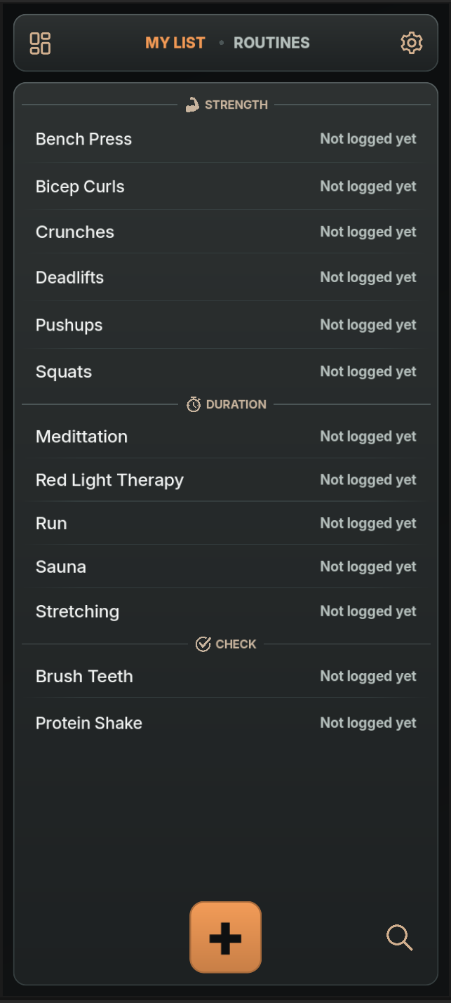 Waru activity list with strength exercises, timed activities and daily checklists