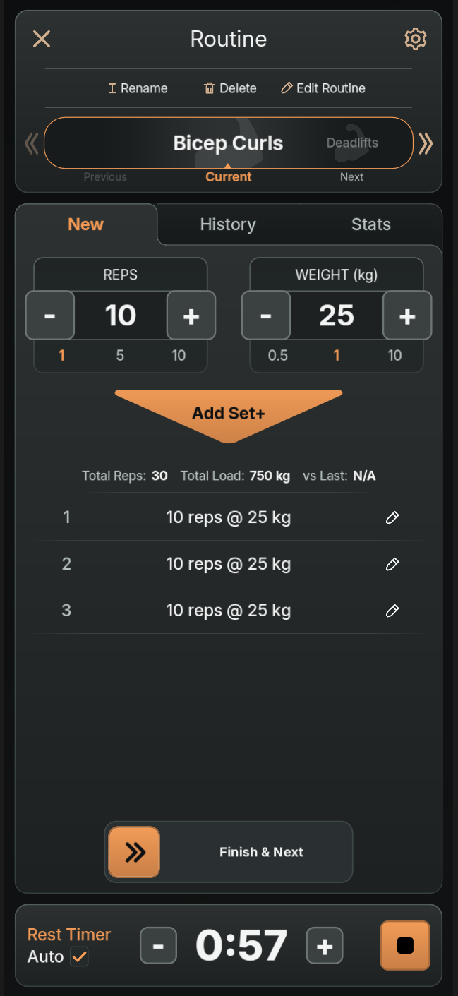 Waru routine showing sets, repetitions, weights and a rest timer